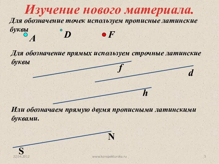 Для обозначение точек используем прописные латинские буквы Для обозначение прямых используем