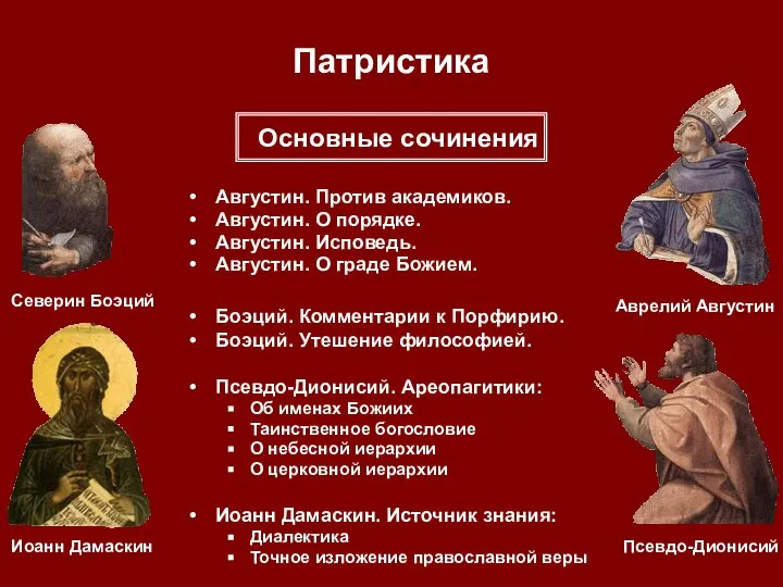 Патристика Августин. Против академиков. Августин. О порядке. Августин. Исповедь. Августин. О