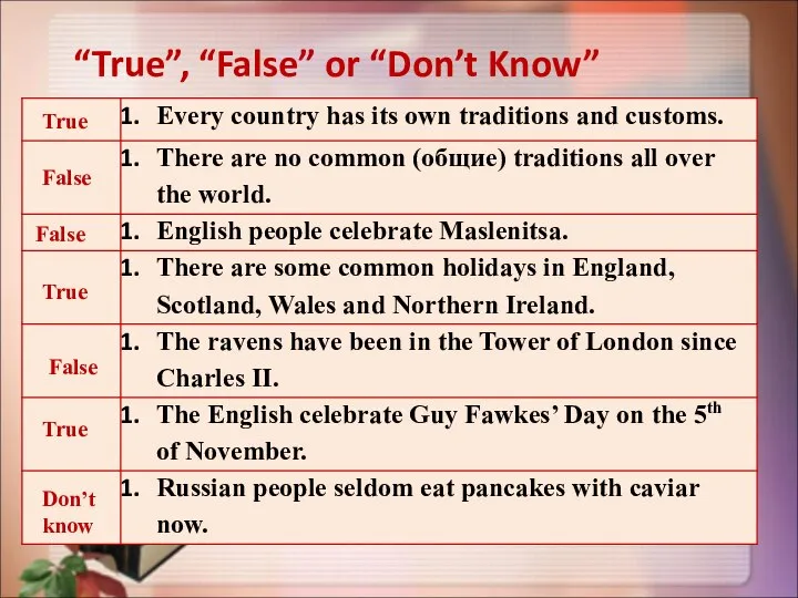 “True”, “False” or “Don’t Know” True False False True False True Don’t know