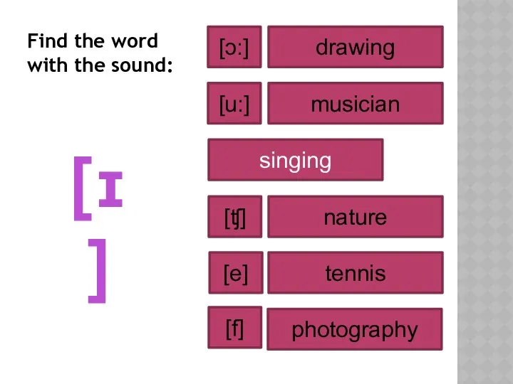 [ɪ] drawing musician nature singing tennis photography [u:] [ʧ] [e] [ɔ:]