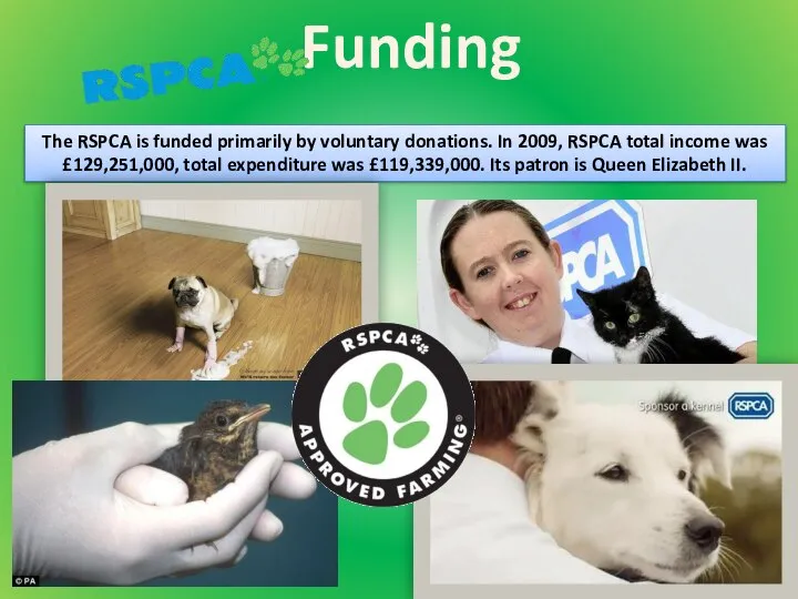 The RSPCA is funded primarily by voluntary donations. In 2009, RSPCA