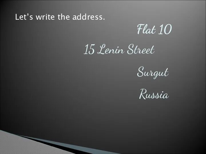 Flat 10 15 Lenin Street Surgut Russia Let’s write the address.