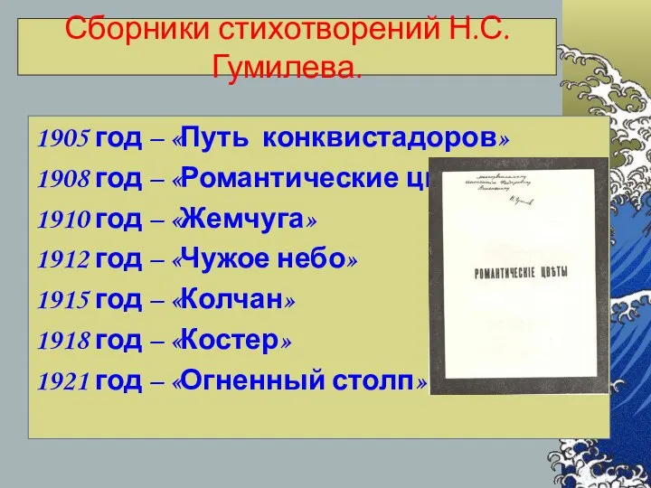 Сборники стихотворений Н.С. Гумилева. 1905 год – «Путь конквистадоров» 1908 год