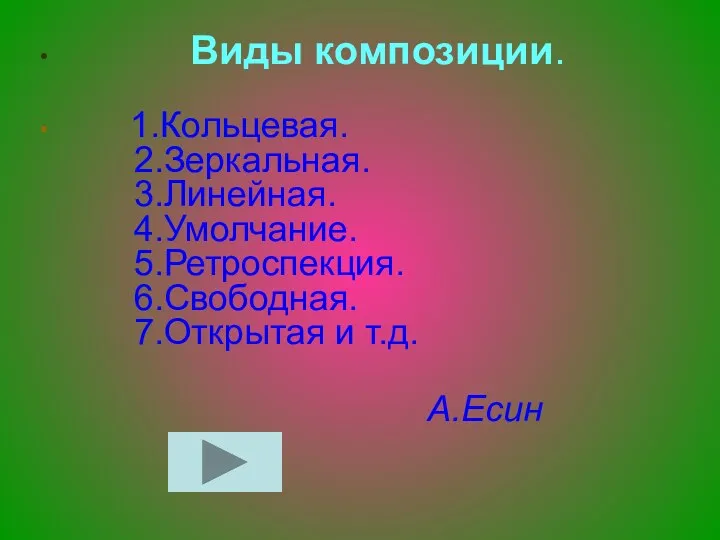 Виды композиции. 1.Кольцевая. 2.Зеркальная. 3.Линейная. 4.Умолчание. 5.Ретроспекция. 6.Свободная. 7.Открытая и т.д. А.Есин