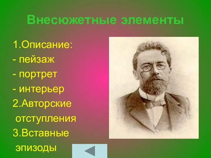 Внесюжетные элементы 1.Описание: - пейзаж - портрет - интерьер 2.Авторские отступления 3.Вставные эпизоды