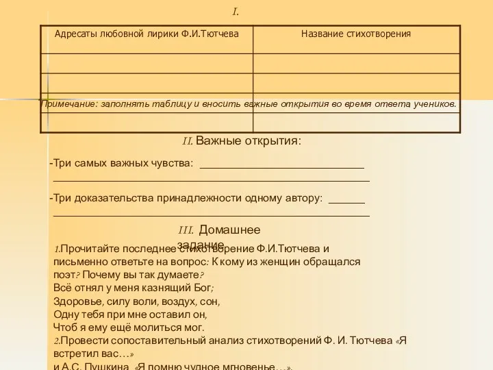 I. *Примечание: заполнять таблицу и вносить важные открытия во время ответа