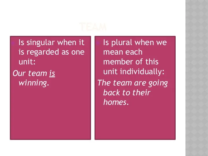 TEam Is singular when it is regarded as one unit: Our