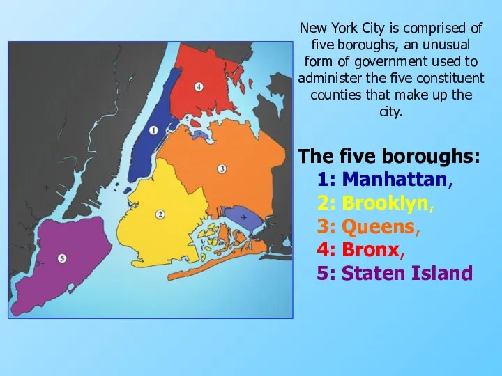 The five boroughs: 1: Manhattan, 2: Brooklyn, 3: Queens, 4: Bronx,