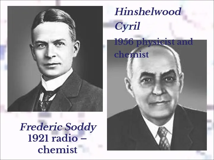 Frederic Soddy 1921 radio – chemist Hinshelwood Cyril 1956 physicist and chemist