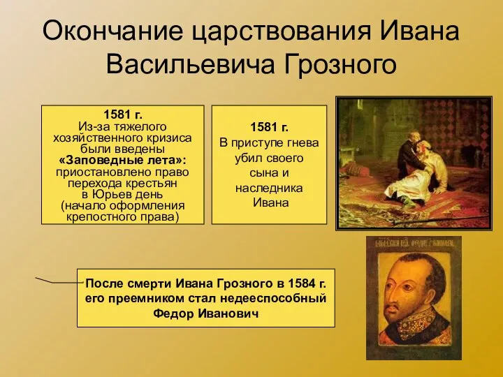 Окончание царствования Ивана Васильевича Грозного 1581 г. Из-за тяжелого хозяйственного кризиса