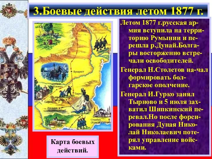 Карта боевых действий. Летом 1877 г.русская ар-мия вступила на терри-торию Румынии