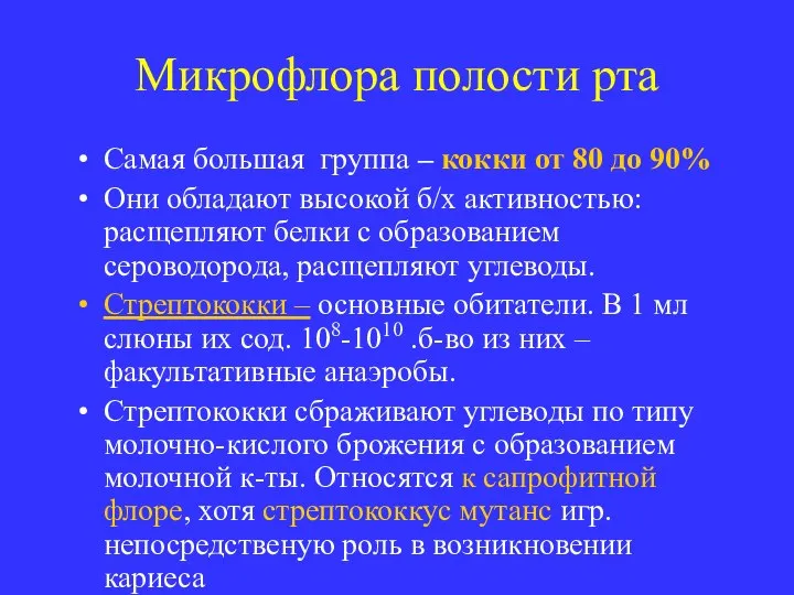 Микрофлора полости рта Самая большая группа – кокки от 80 до