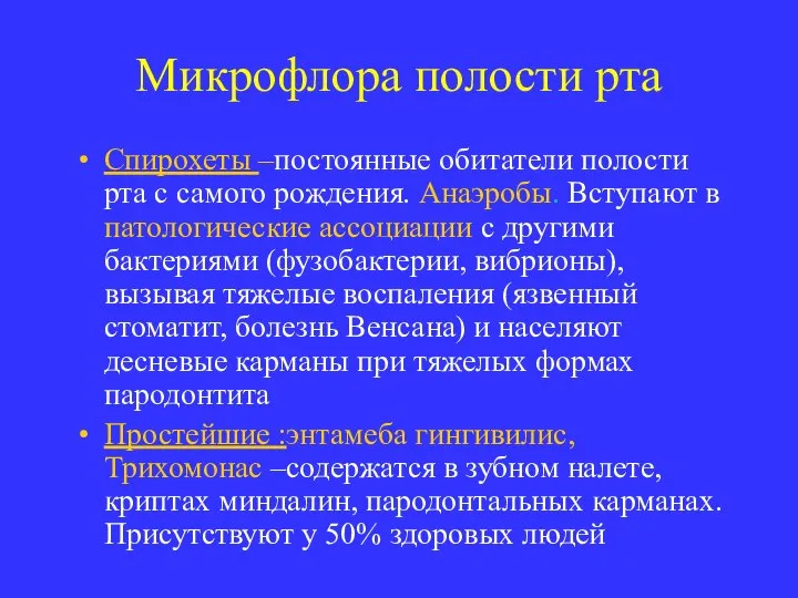 Микрофлора полости рта Спирохеты –постоянные обитатели полости рта с самого рождения.