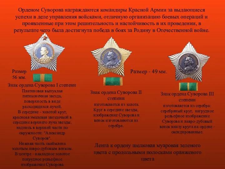 Орденом Суворова награждаются командиры Красной Армии за выдающиеся успехи в деле