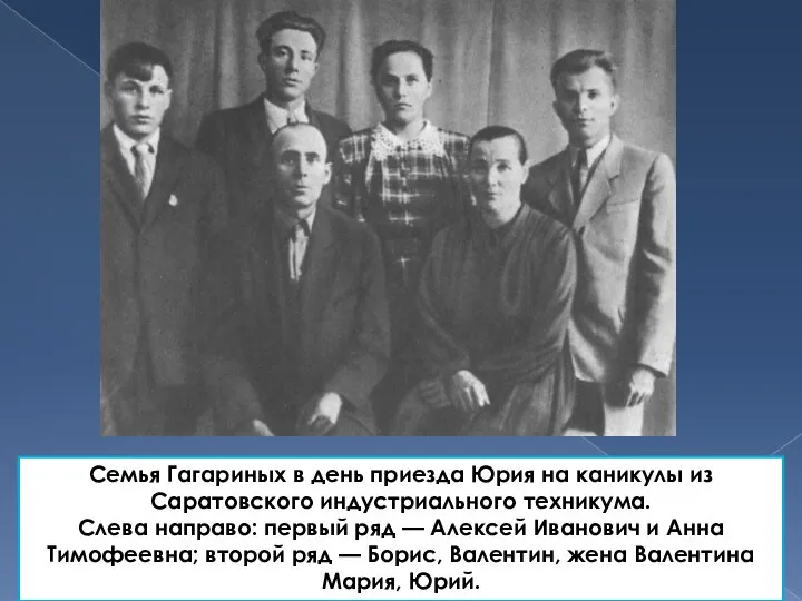 Семья Гагариных в день приезда Юрия на каникулы из Саратовского индустриального