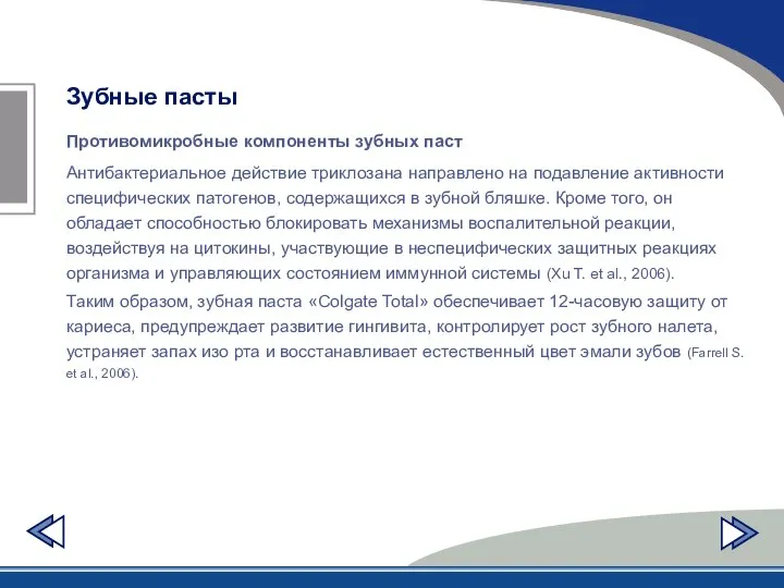 Противомикробные компоненты зубных паст Зубные пасты Антибактериальное действие триклозана направлено на