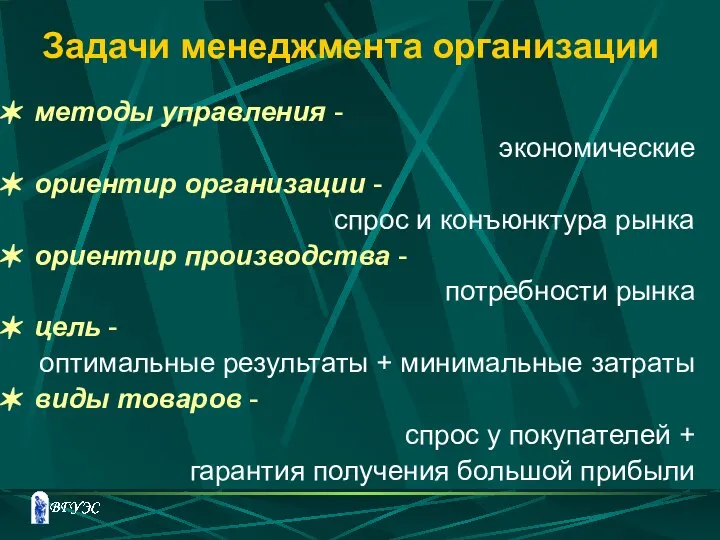 Задачи менеджмента организации методы управления - экономические ориентир организации - спрос