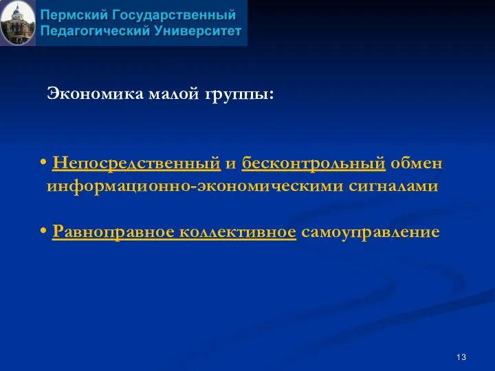 Экономика малой группы: Непосредственный и бесконтрольный обмен информационно-экономическими сигналами Равноправное коллективное самоуправление