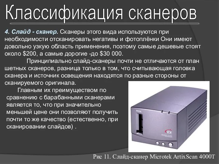 Классификация сканеров 4. Слайд - сканер. Сканеры этого вида используются при