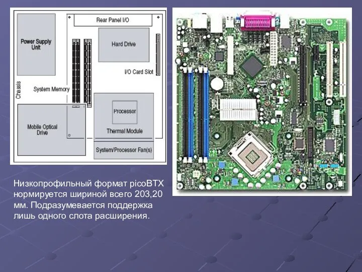 Низкопрофильный формат picoBTX нормируется шириной всего 203,20 мм. Подразумевается поддержка лишь одного слота расширения.