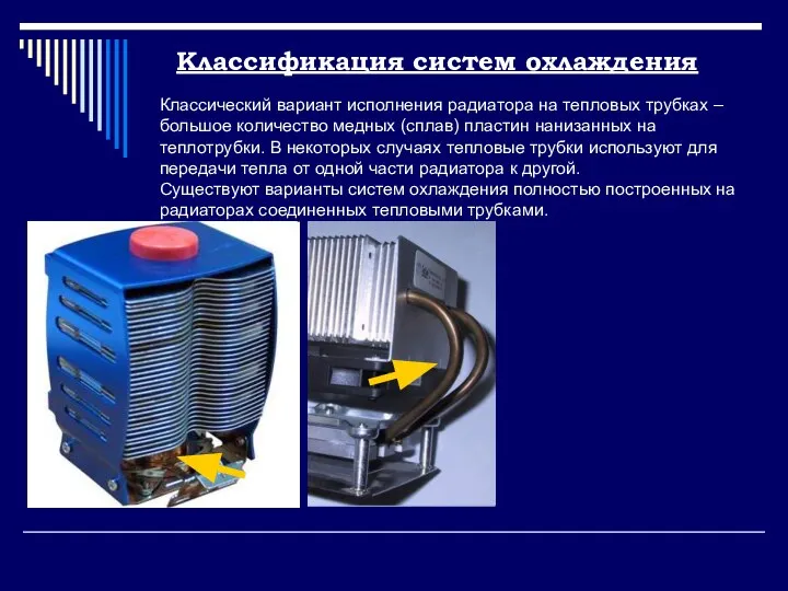 Классификация систем охлаждения Классический вариант исполнения радиатора на тепловых трубках –