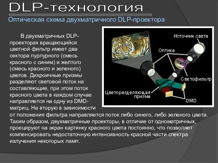 В двухматричных DLP-проекторах вращающийся цветной фильтр имеет два сектора пурпурного (смесь