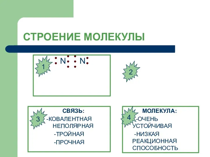 СТРОЕНИЕ МОЛЕКУЛЫ N N СВЯЗЬ: -КОВАЛЕНТНАЯ НЕПОЛЯРНАЯ -ТРОЙНАЯ -ПРОЧНАЯ МОЛЕКУЛА: -ОЧЕНЬ