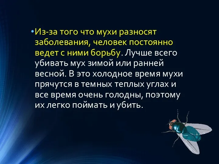 Из-за того что мухи разносят заболевания, человек постоянно ведет с ними