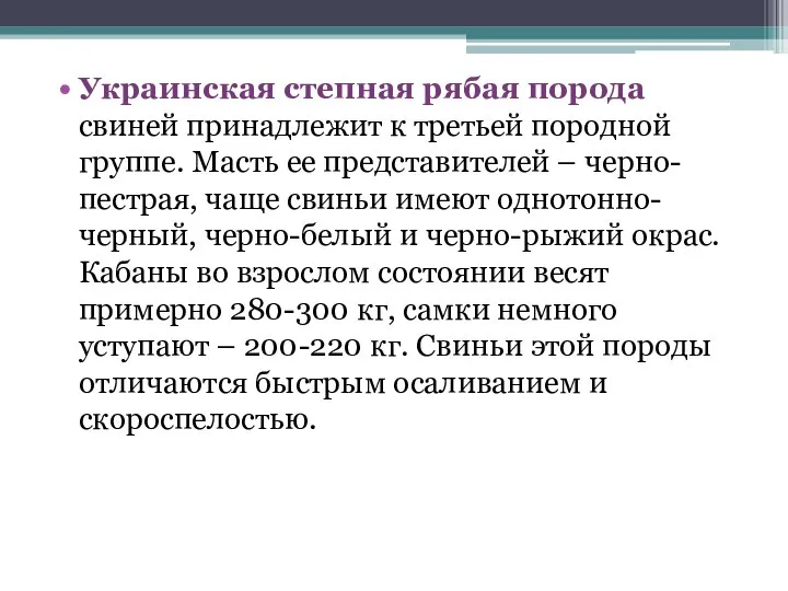 Украинская степная рябая порода свиней принадлежит к третьей породной группе. Масть