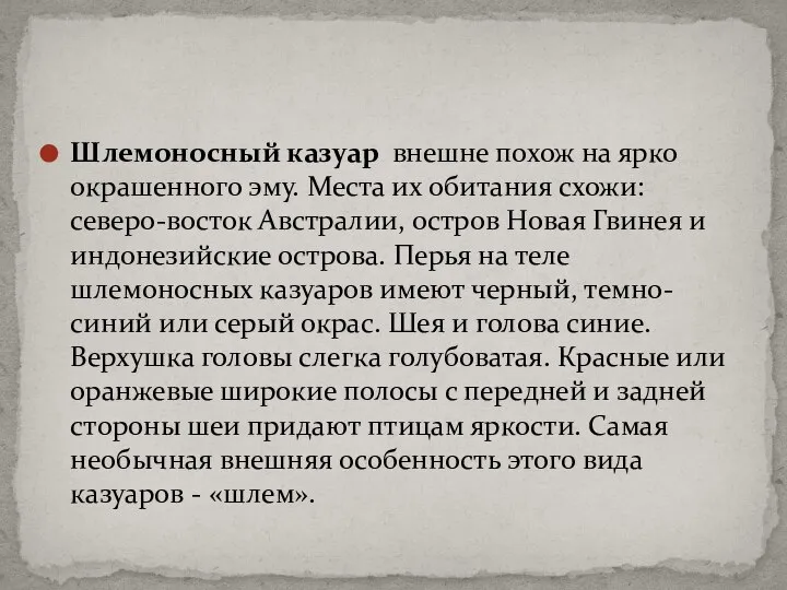 Шлемоносный казуар внешне похож на ярко окрашенного эму. Места их обитания