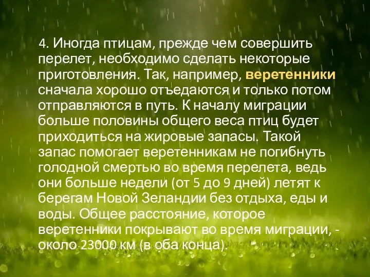 4. Иногда птицам, прежде чем совершить перелет, необходимо сделать некоторые приготовления.