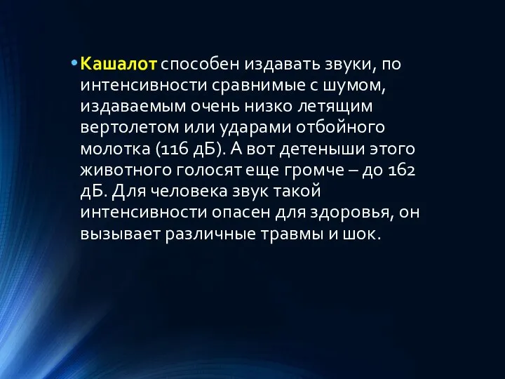 Кашалот способен издавать звуки, по интенсивности сравнимые с шумом, издаваемым очень