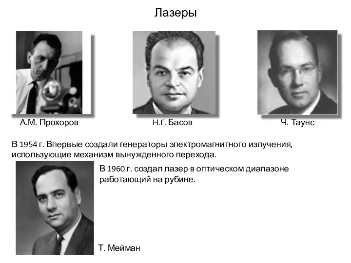 Лазеры А.М. Прохоров Н.Г. Басов Ч. Таунс В 1954 г. Впервые