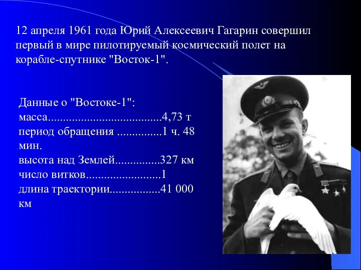 12 апреля 1961 года Юрий Алексеевич Гагарин совершил первый в мире