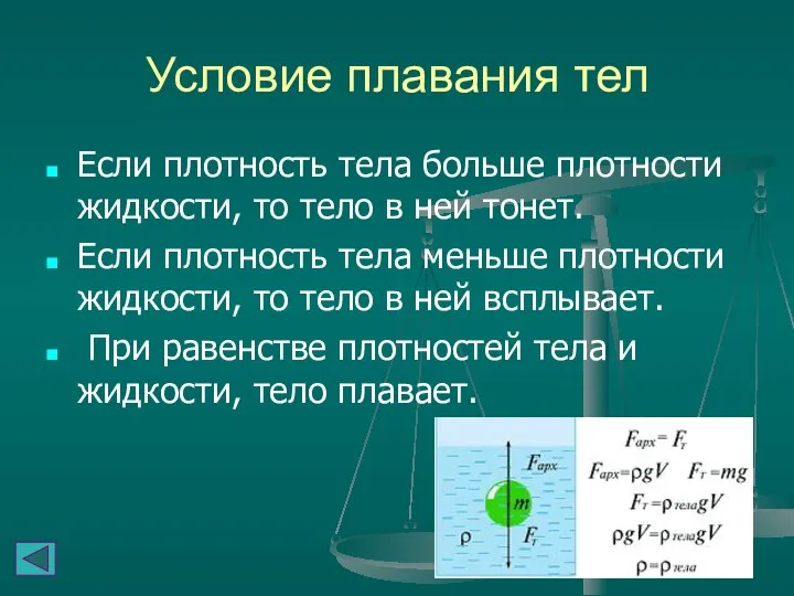 Условие плавания тел Если плотность тела больше плотности жидкости, то тело