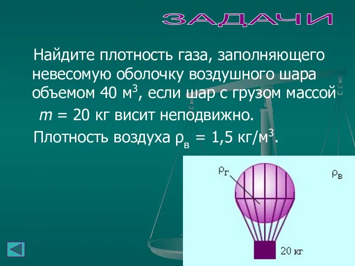 ЗАДАЧИ Найдите плотность газа, заполняющего невесомую оболочку воздушного шара объемом 40