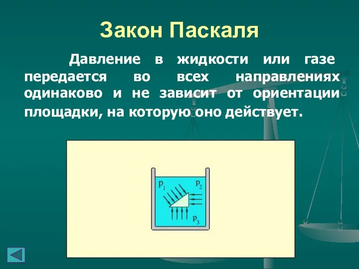 Закон Паскаля Давление в жидкости или газе передается во всех направлениях