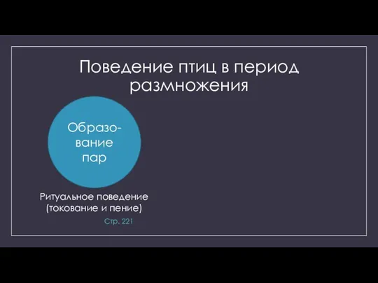 Поведение птиц в период размножения Образо-вание пар Ритуальное поведение (токование и пение) Стр. 221