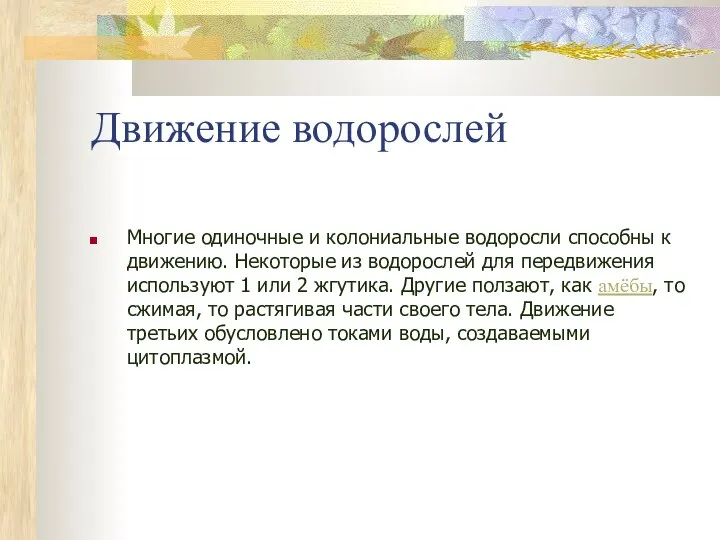 Движение водорослей Многие одиночные и колониальные водоросли способны к движению. Некоторые