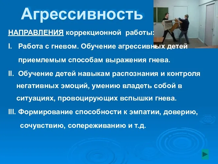 Агрессивность НАПРАВЛЕНИЯ коррекционной работы: Ι. Работа с гневом. Обучение агрессивных детей