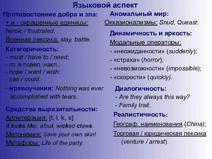 Языковой аспект Противостояние добра и зла: + и - окрашенные единицы: