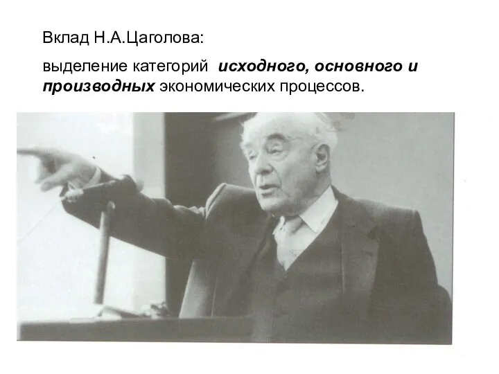 Вклад Н.А.Цаголова: выделение категорий исходного, основного и производных экономических процессов.