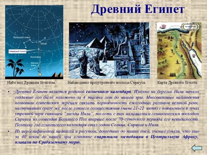 Древний Египет Древний Египет является родиной солнечного календаря. Именно на берегах