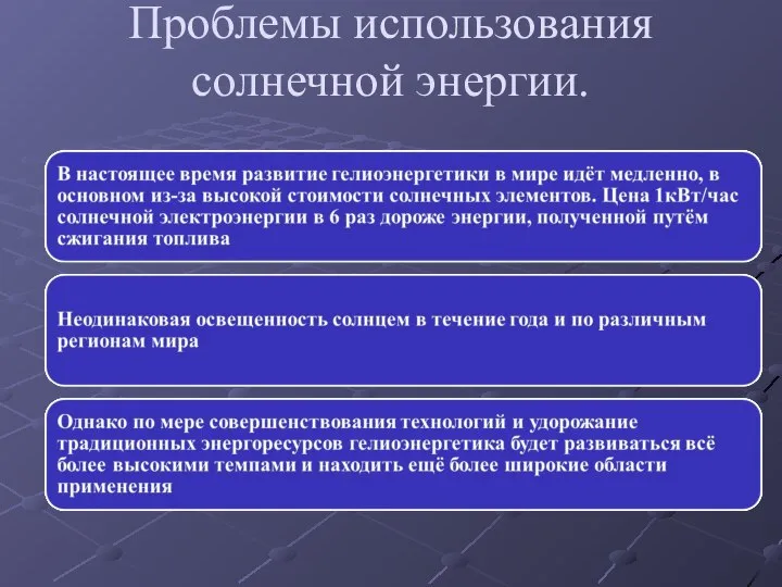 Проблемы использования солнечной энергии.