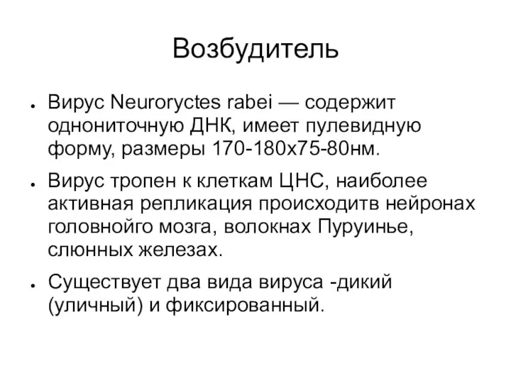 Возбудитель Вирус Neuroryctes rabei — содержит однониточную ДНК, имеет пулевидную форму,