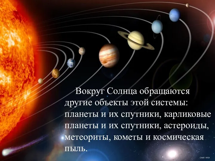 Вокруг Солнца обращаются другие объекты этой системы: планеты и их спутники,