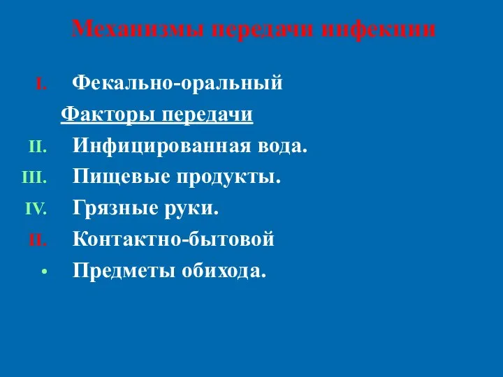 Фекально-оральный Факторы передачи Инфицированная вода. Пищевые продукты. Грязные руки. Контактно-бытовой Предметы обихода. Механизмы передачи инфекции