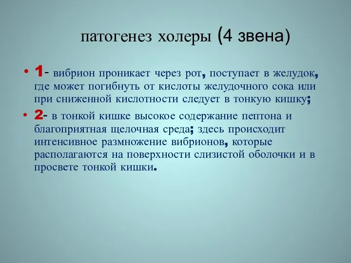 патогенез холеры (4 звена) 1- вибрион проникает через рот, поступает в