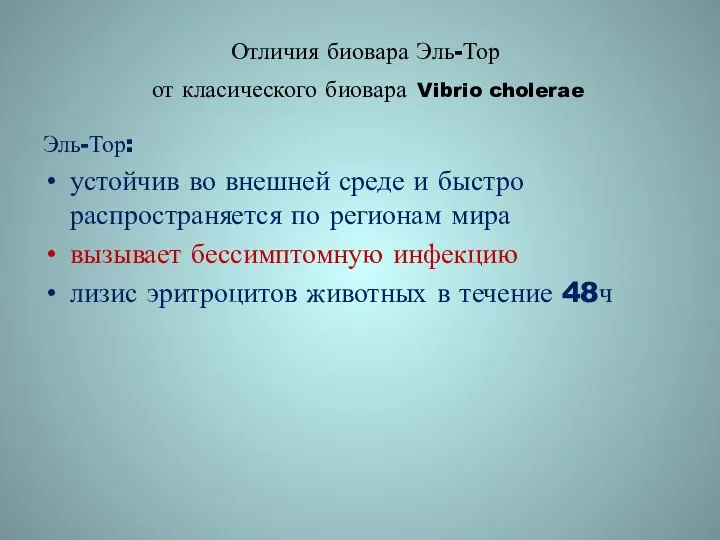 Отличия биовара Эль-Тор от класического биовара Vibrio cholerae Эль-Тор: устойчив во