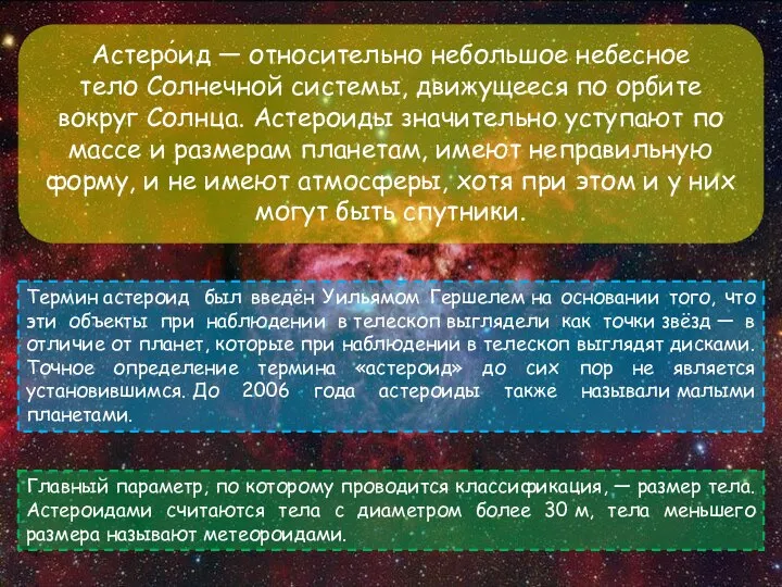 Астеро́ид — относительно небольшое небесное тело Солнечной системы, движущееся по орбите